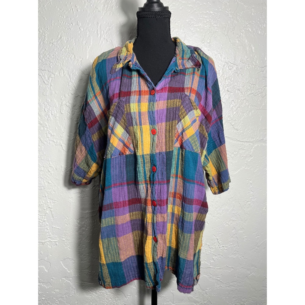 Basic Editions Woman Plus Size 22 Multicolor Plaid Crinkle Cotton Tunic Shirt